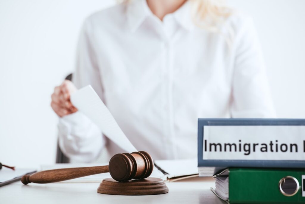 A binder that says immigration next to a gavel in the foreground with a woman in the background.