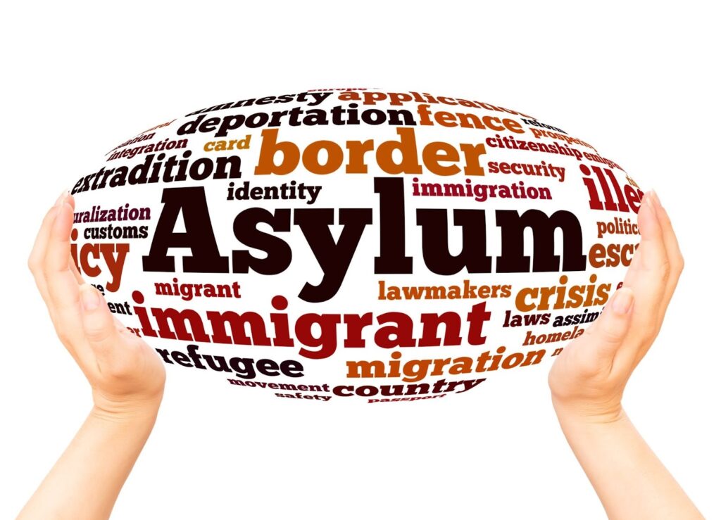 Two hands holding up a white spherical word cloud featuring the word “asylum.”